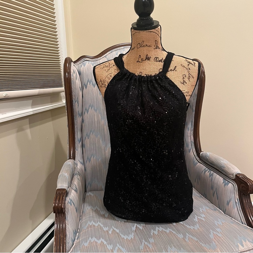 Tahari Dressy Black Sequin Halter top,sheer chiffon mesh straps keyhole tie back - Picture 3 of 11